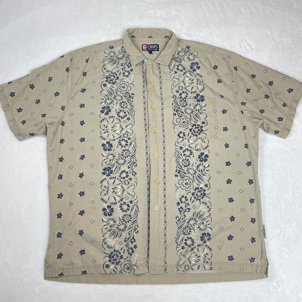 Chaps Ralph Lauren Button Down Cotton Men XL Tan Good Floral Geometric Shirt